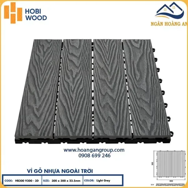 Vỉ Gỗ Nhựa Ngoài Trời Hobi Wood Vân 3D Light Grey