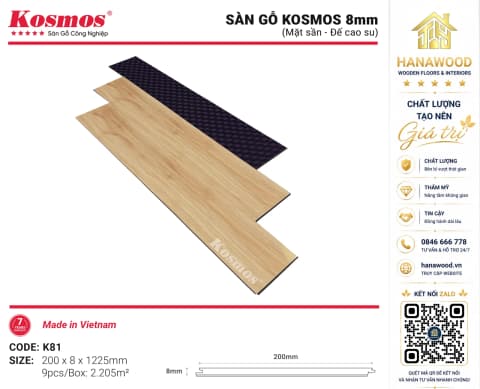 Lót Sàn Gỗ Kosmos K81 8mm Cốt Xanh Đế Cao Su Vân Sồi