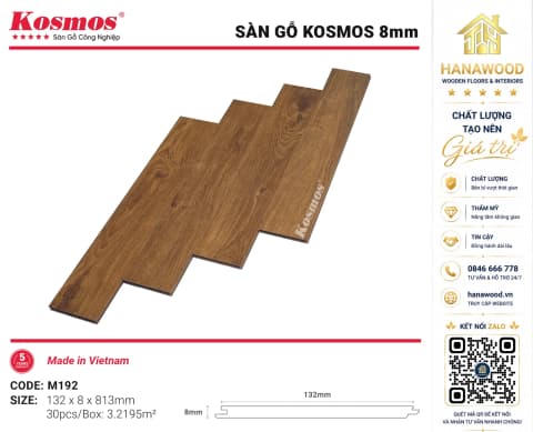 Lót Sàn Gỗ Kosmos M192 8mm Tông Vàng Sáng Không Gian Mới