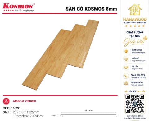 Lót Sàn Gỗ Kosmos S291 8mm Vân Gỗ Châu Âu Lịch Lãm