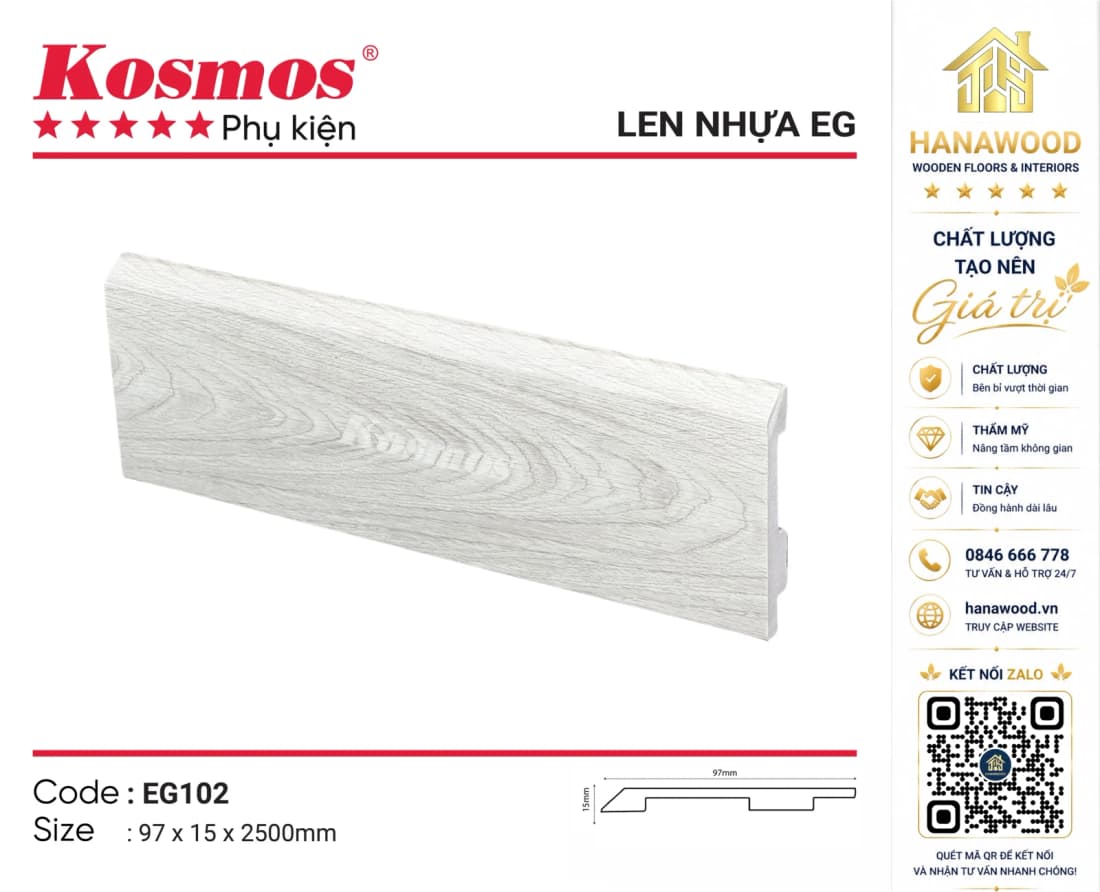 Len Chân Tường Nhựa Kosmos EG102 Cao 97mm vân gỗ sồi sáng
