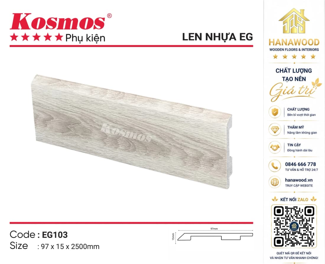Len Chân Tường Nhựa PVC Kosmos EG103 Cao 97mm vân gỗ sồi ấm