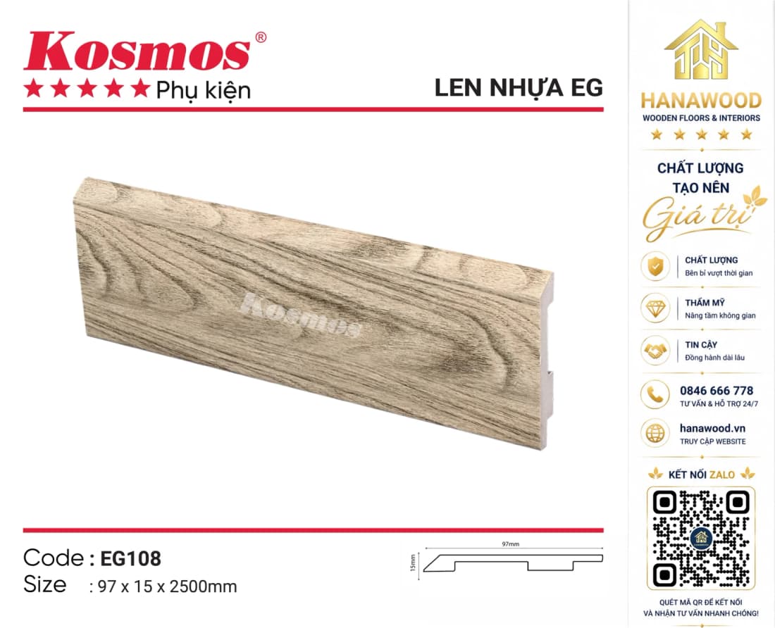 Len Chân Tường Nhựa PVC Kosmos EG108 Cao 97mm màu xám khói hiện đại