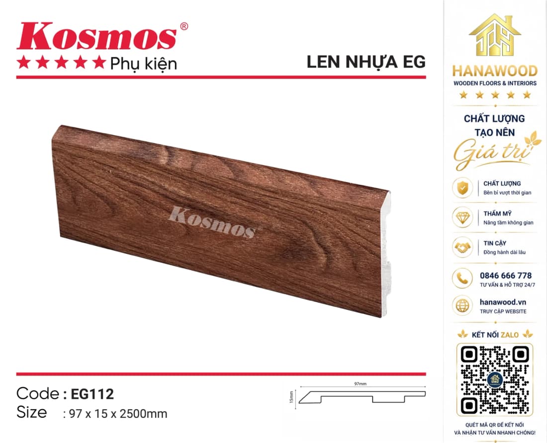 Len Nhựa Chân Tường Giả Gỗ Kosmos EG112 Cao 97mm vân walnut