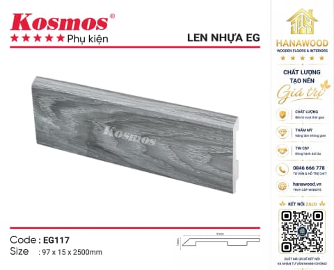 Len Chân Tường Nhựa PVC Kosmos EG117 Cao 97mm vân gỗ teak sang trọng