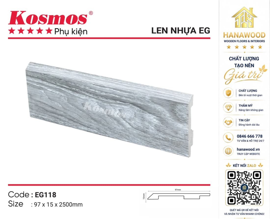 Len Chân Tường Nhựa PVC Kosmos EG118 Cao 97mm màu xám đá cá tính