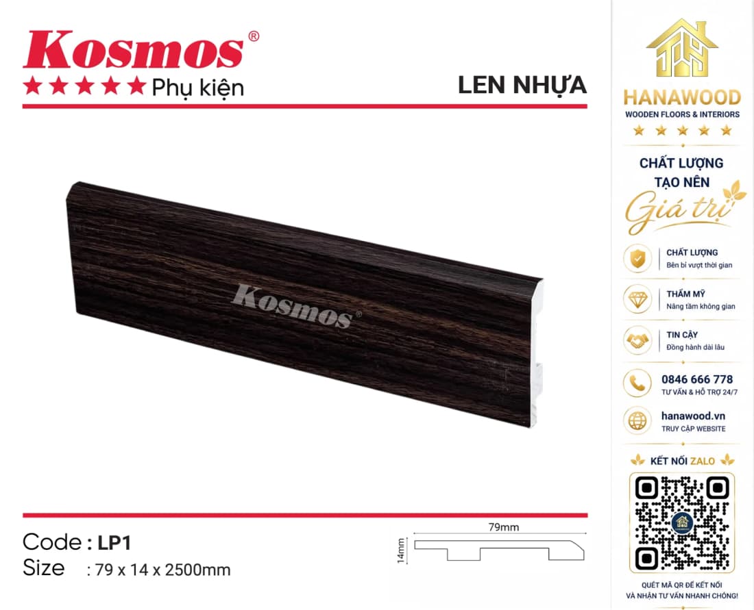 Len Chân Tường Nhựa Kosmos LP1 Cao 79mm giả gỗ sồi sáng