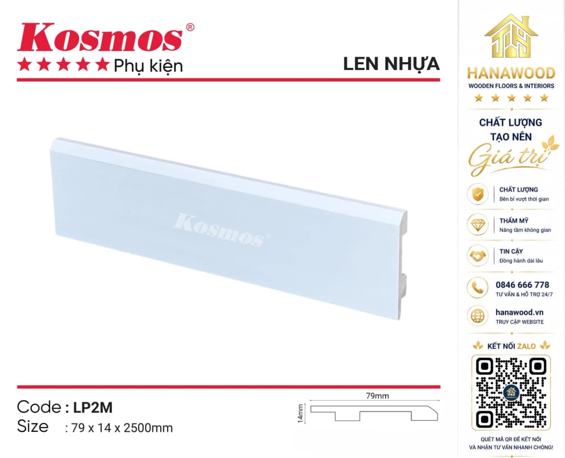 Len Chân Tường Nhựa Kosmos LP2 Cao 79mm màu trắng trơn hiện đại