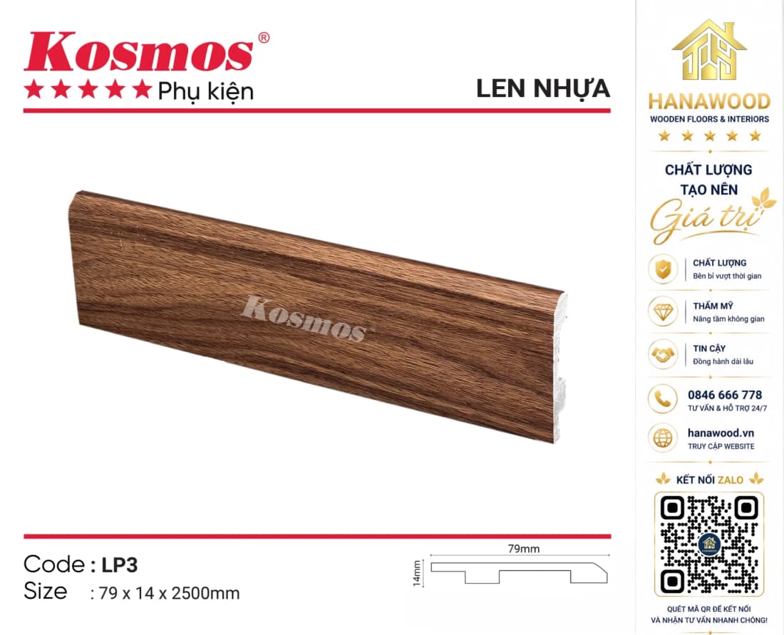 Len Chân Tường Nhựa Kosmos LP3 Cao 79mm giả vân gỗ ấm cúng