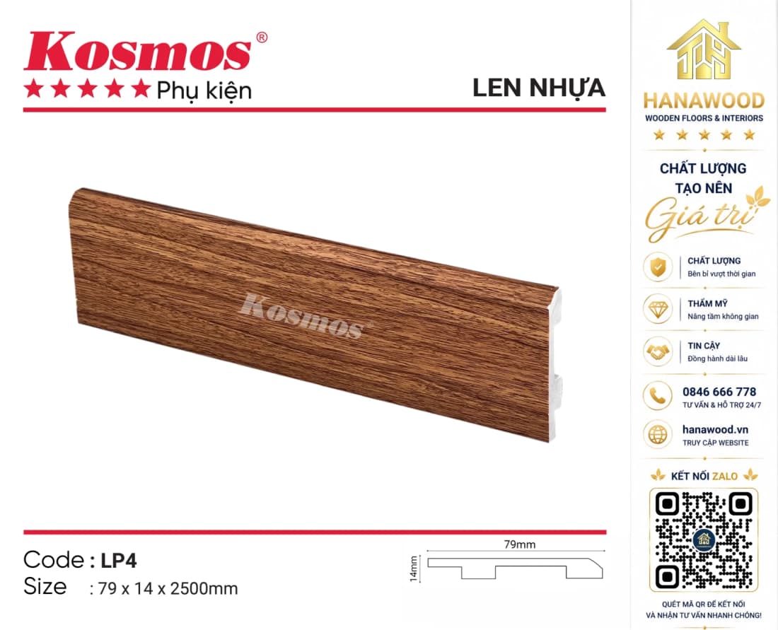 Len Chân Tường Nhựa Kosmos LP4 Cao 79mm giả gỗ tự nhiên sang trọng