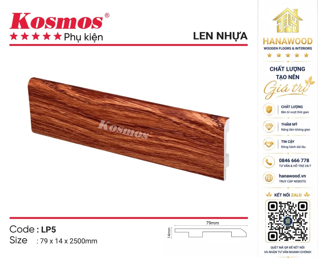 Len Chân Tường Nhựa Kosmos LP5 Cao 79mm giả vân gỗ màu nâu vàng