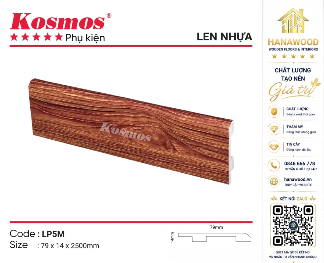 Len Chân Tường Nhựa Kosmos LP5M Cao 79mm cận cảnh bề mặt chống trầy