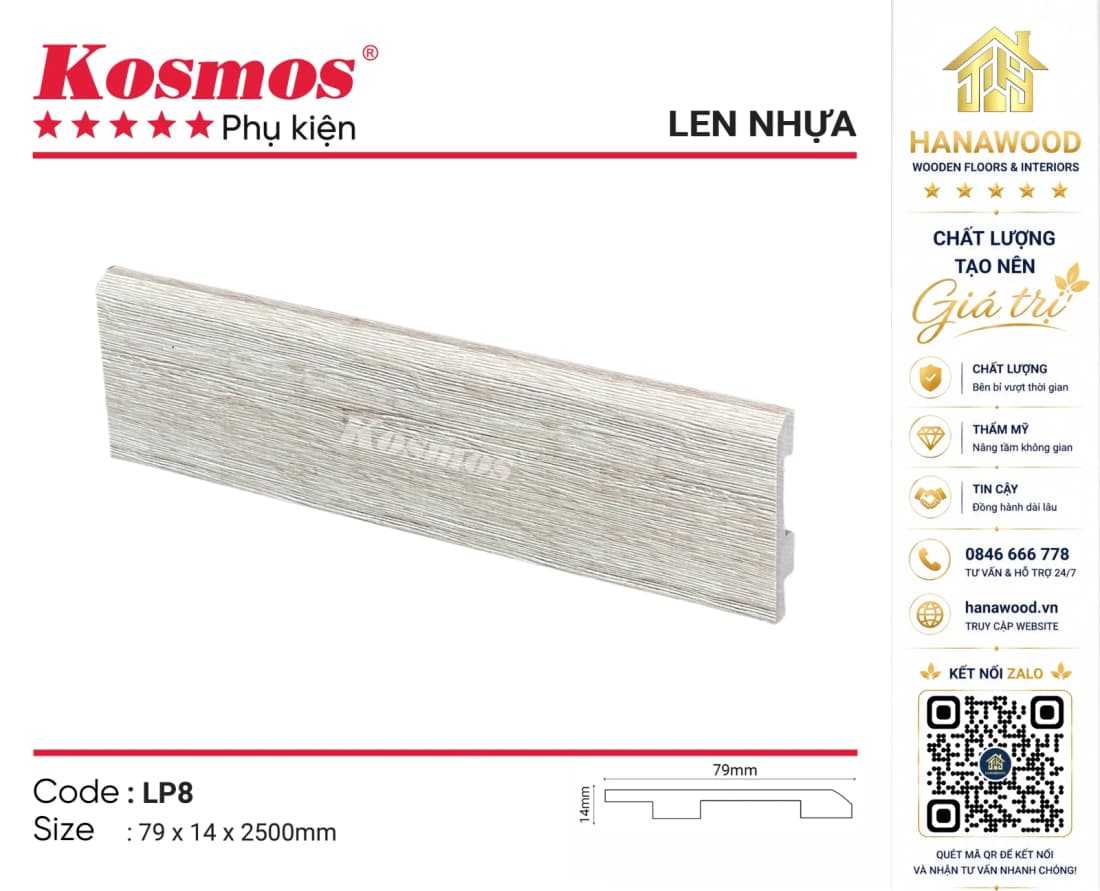 Len Chân Tường Nhựa Kosmos LP8 Cao 79mm giả gỗ màu nâu hạt dẻ