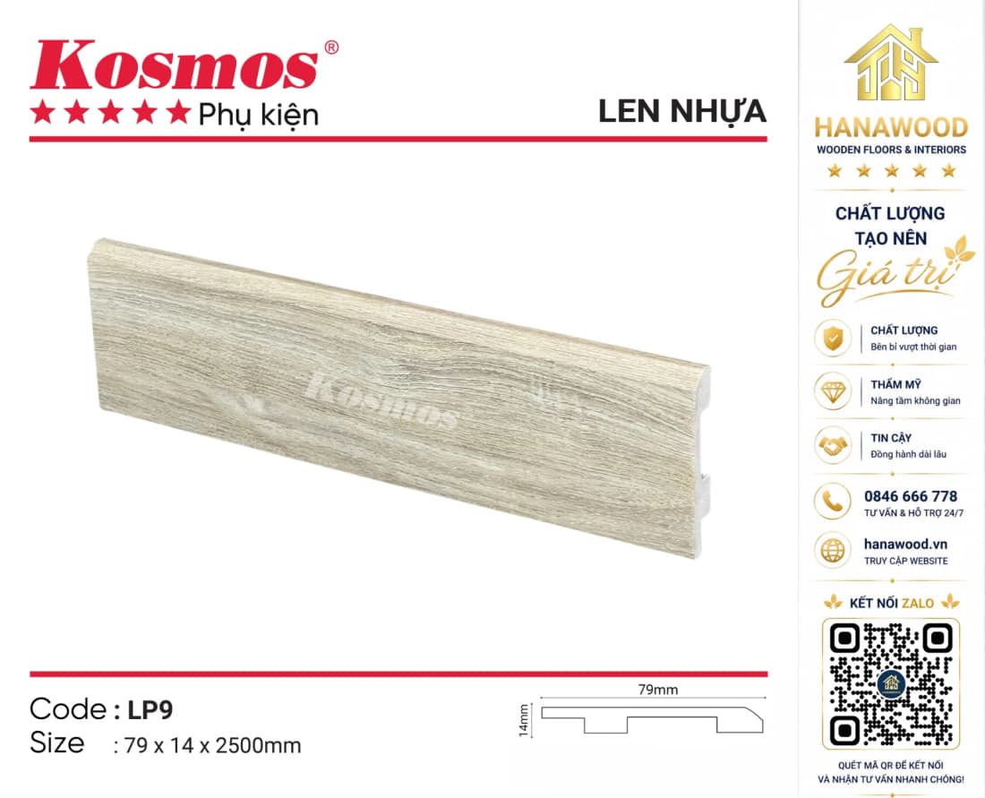 Phào Len Chân Tường Nhựa Kosmos LP9 Cao 79mm màu gỗ đỏ cổ điển