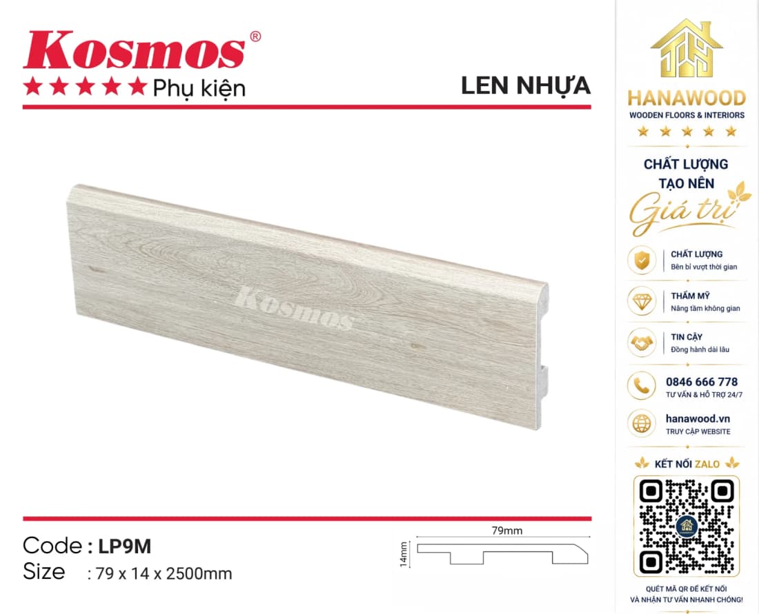 Len Nhựa Chân Tường Kosmos LP9M Cao 79mm chi tiết góc ghép khít đẹp