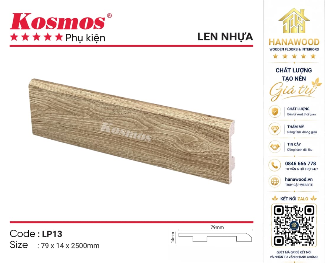 Len Chân Tường Nhựa Kosmos LP13 Cao 79mm giả gỗ màu nâu đậm
