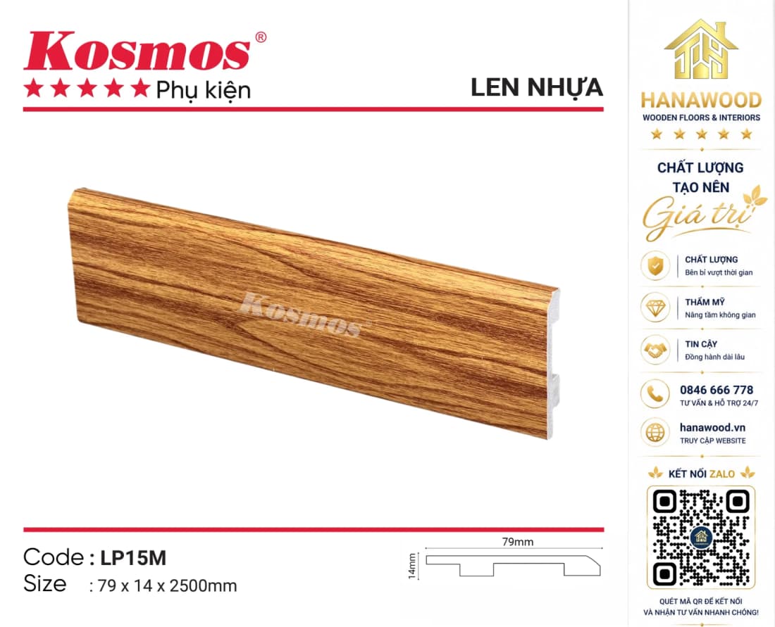 Len Chân Tường Nhựa Kosmos LP15M Cao 79mm giả gỗ sồi ấm áp