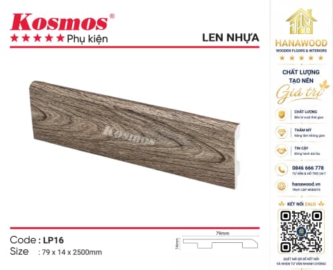 Len Chân Tường Nhựa PVC Kosmos LP16 Cao 79mm giả gỗ màu nâu cà phê