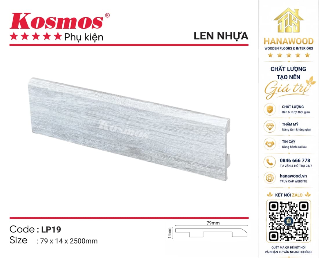 Len Nhựa Chân Tường Kosmos LP19 Cao 79mm giả vân gỗ óc chó walnut
