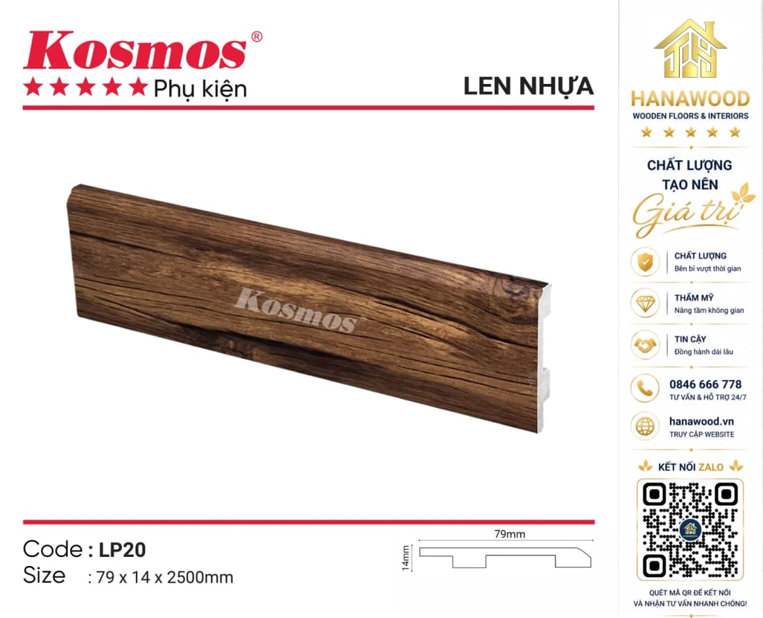 Len Chân Tường Nhựa Kosmos LP20 Cao 79mm màu vàng nga tươi sáng
