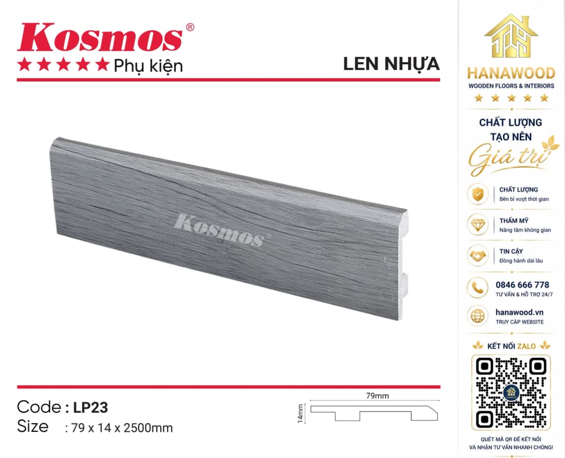 Len Chân Tường Nhựa Kosmos LP23 Cao 79mm giả gỗ màu xám đá hiện đại
