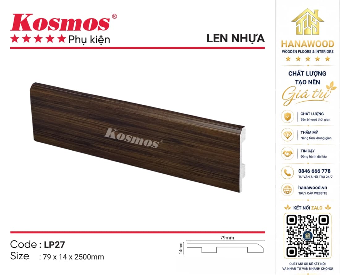 Len Chân Tường Nhựa PVC Kosmos LP27 Cao 79mm giả gỗ màu đen tuyền