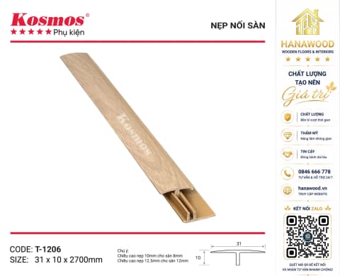Nẹp Nhựa T Kết Nối Sàn Kosmos T-1206 màu vân gỗ sồi sáng