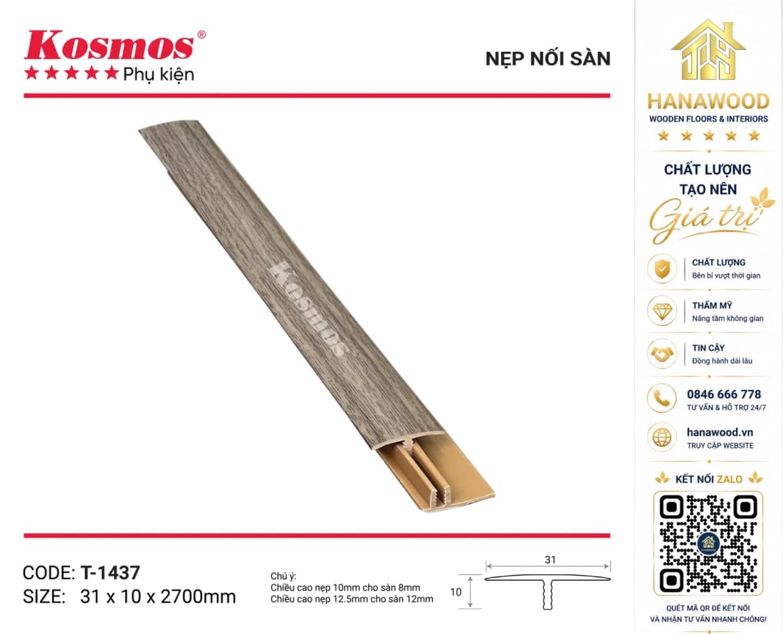 Nẹp Nhựa Chữ T Nối Sàn Kosmos T-1437 màu xám khói hiện đại
