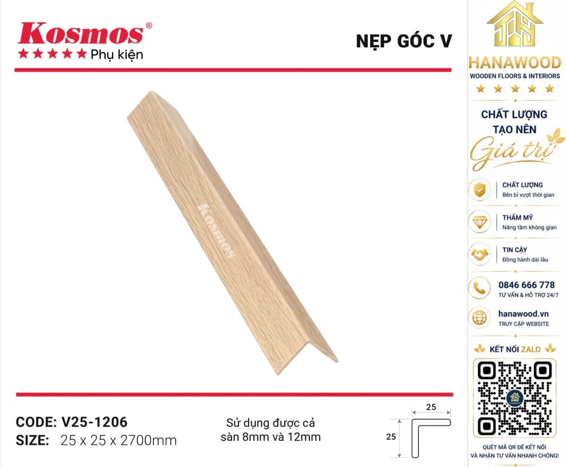 Nẹp Góc V Sàn Gỗ Sàn Nhựa Kosmos V25-1206 màu vân gỗ sồi sáng