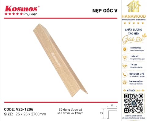 Nẹp Góc V Sàn Gỗ Sàn Nhựa Kosmos V25-1206 màu vân gỗ sồi sáng
