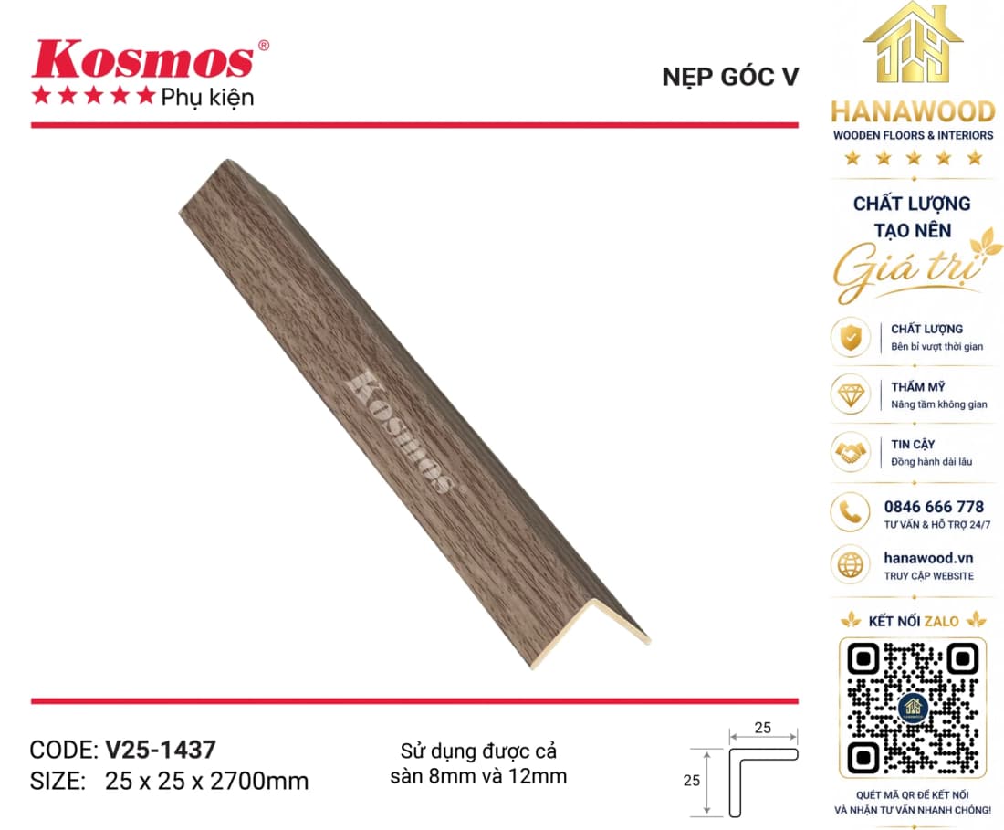 Nẹp Góc V Sàn Gỗ Sàn Nhựa Kosmos V25-1437 màu xám khói hiện đại