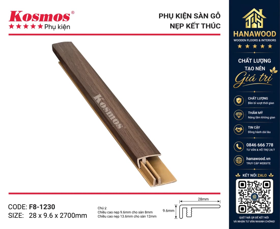 Nẹp Nhựa F Kết Thúc Sàn Gỗ Kosmos F8-1230 màu gỗ đỏ cổ điển