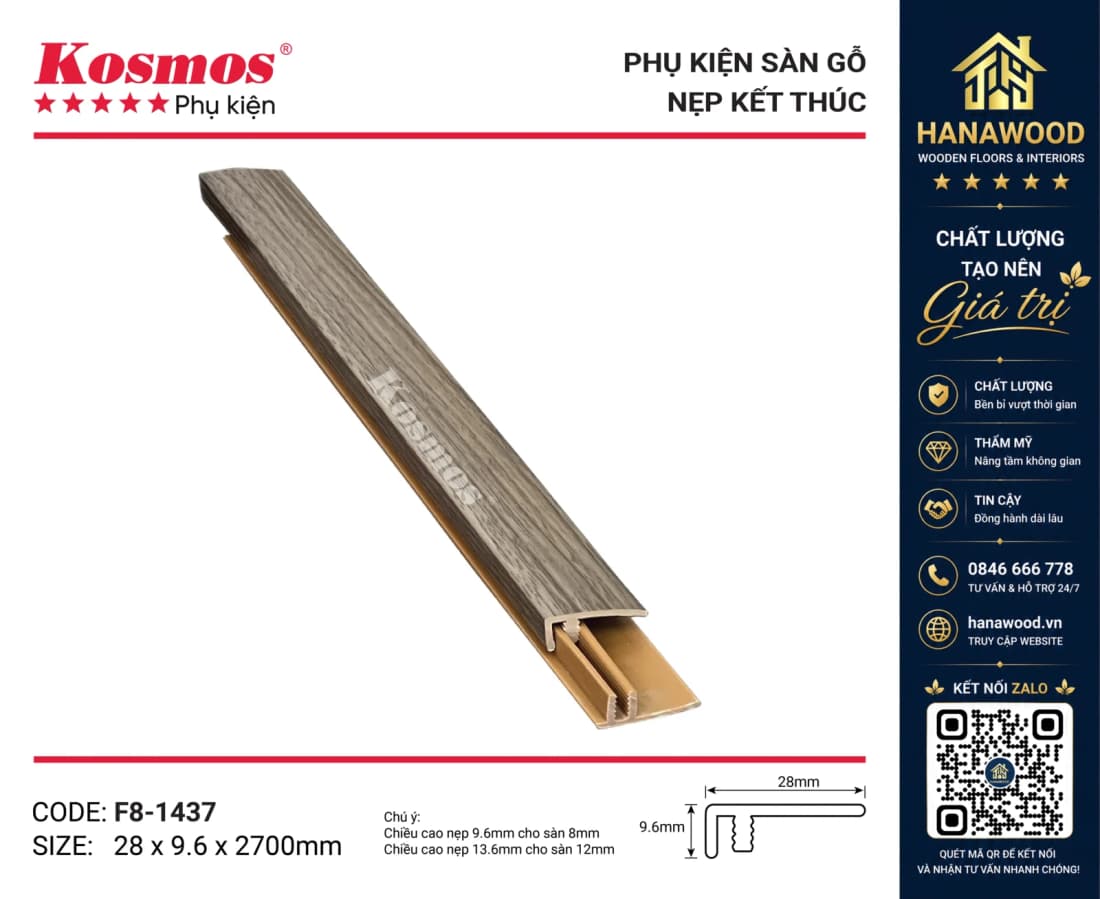 Nẹp Nhựa F Kết Thúc Sàn Gỗ Kosmos F8-1437 màu xám khói hiện đại