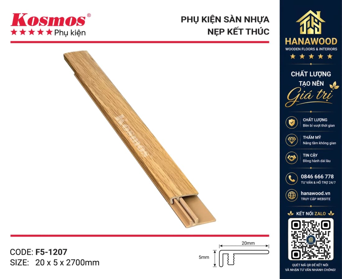 Nẹp Nhựa F Kết Thúc Sàn Nhựa Kosmos F5-1207 5mm màu vân gỗ sồi sáng