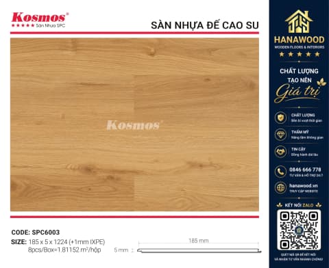 Sàn Nhựa Hèm Khoá Giả Gỗ Kosmos SPC6003 5mm đế cao su xám khói