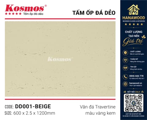 Tấm Ốp Đá Dẻo Kosmos DD001 2.5mm Vân Travertine Vàng Kem góc cận cảnh bề mặt