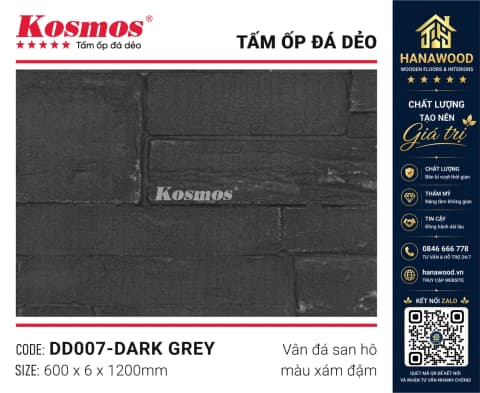Tấm Ốp Đá Dẻo Kosmos DD007 6mm Vân Đá San Hô Xám Đậm phong cách thô mộc