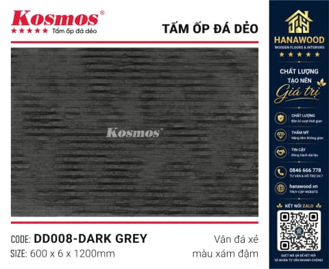 Tấm Ốp Tường Đá Dẻo Kosmos DD008 6mm Vân Đá Xẻ Xám Đậm bề mặt xẻ rãnh tự nhiên