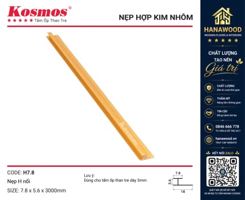 Nẹp H Rãnh Nối Tấm Ốp Than Tre 5mm Kosmos H7.8 Vàng ánh kim sang trọng
