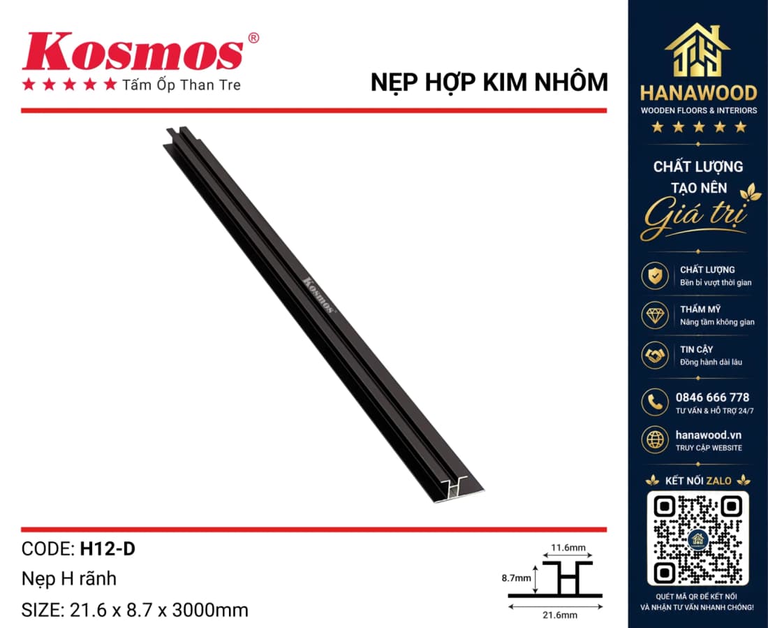 Nẹp H Rãnh Nối Tấm Ốp Than Tre Kosmos H12 Đen cứng cáp chống gỉ sét