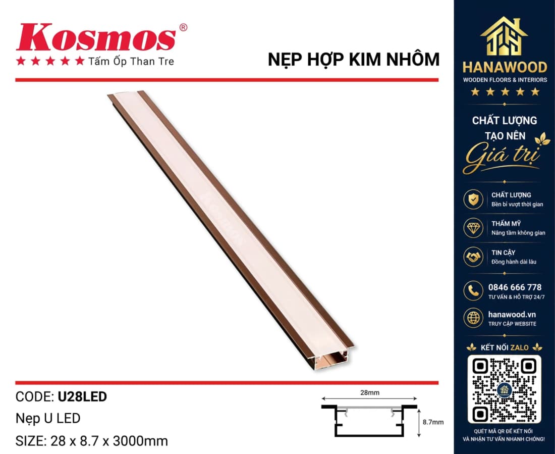 Nẹp U LED Tấm Ốp Than Tre Kosmos U28LED Sâm Panh khe luồn đèn hắt sáng