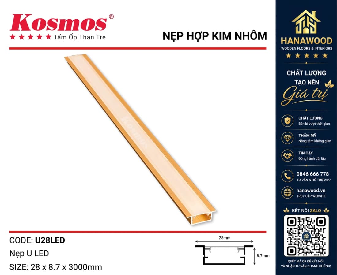 Nẹp U LED Tấm Ốp Than Tre Kosmos U28LED Vàng viền đèn trang trí cao cấp