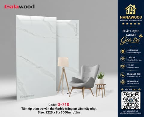 Galawood G-710 8mm Vân Đá PET Marble Trắng Sứ Vân Mây Nhạt