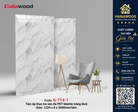 Galawood G-714 8mm Vân Đá PET Marble Trắng Vân Mây Vàng sang trọng