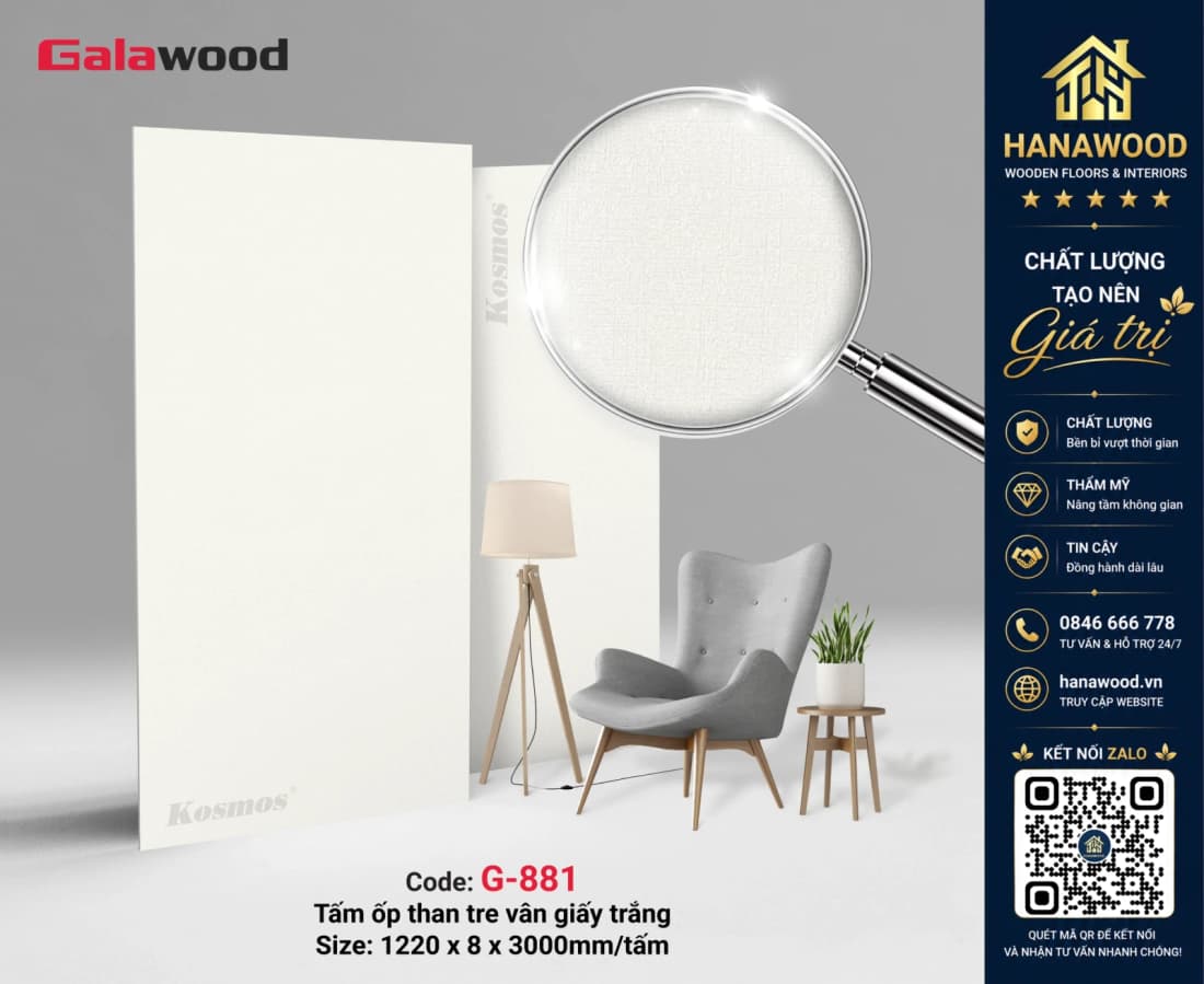 Galawood G-881 8mm Vân Giấy Trắng hoa văn nhẹ nhàng hiện đại