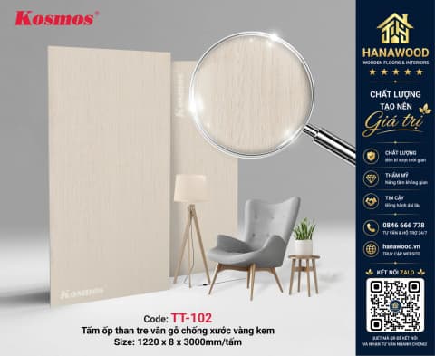 Ốp Tường Than Tre Kosmos TT-102 Vân Gỗ Chống Xước Vàng Kem ấm cúng