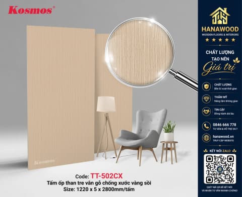 Tấm Ốp Than Tre Kosmos TT-502CX Vân Gỗ Vàng Sồi 5mm nhẹ bền thi công nhanh