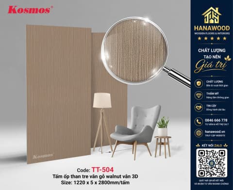Tấm Ốp Than Tre Kosmos TT-504 Vân Gỗ Walnut 3D 5mm thô mộc ấm áp