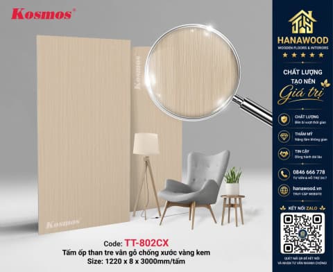 Ốp Trần Tấm Ốp Than Tre Kosmos TT-802CX Vân Gỗ Vàng Kem trang nhã