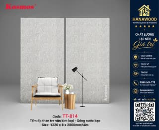 Tấm Ốp Than Tre Kosmos TT-814 Sóng Nước PET Bạc hiệu ứng 3D độc đáo